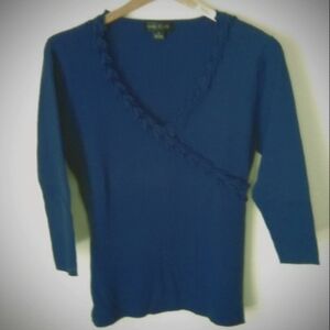 august silk V-Neck Ribbed Cotton-Blend Pullover Blue Sweater Size XL
